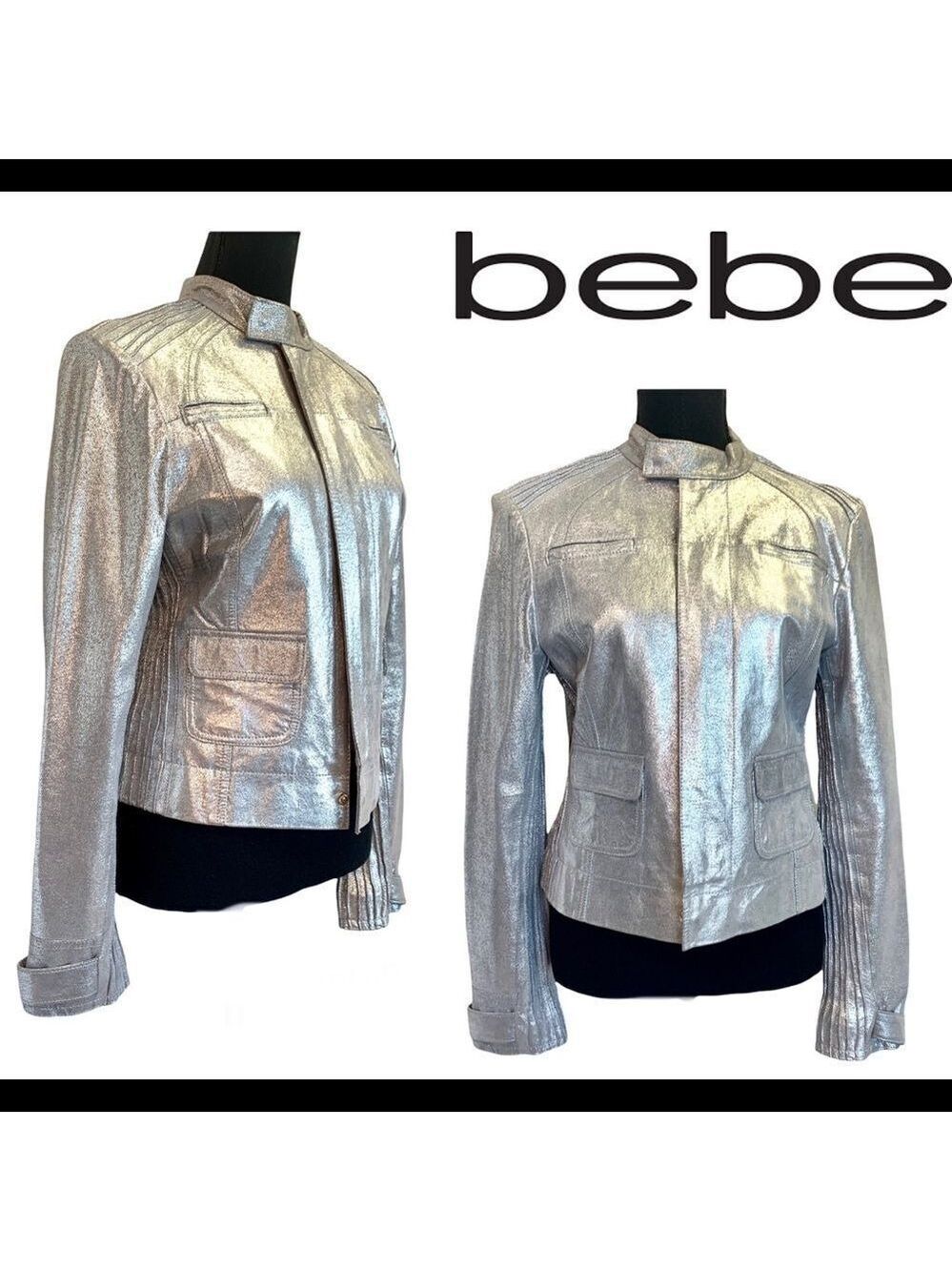 Bebe metallic silver crackled Leather Moto jacket Sz M